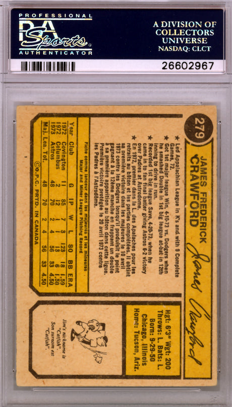 Jim Crawford Autographed 1974 O-Pee-Chee Card #279 Houston Astros PSA/DNA #26602967