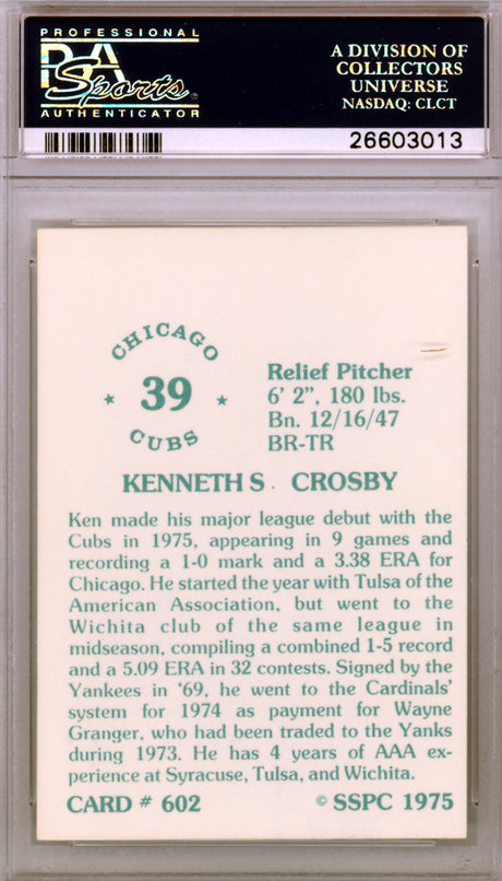 Ken Crosby Autographed 1975 SSPC Card #602 Chicago Cubs PSA/DNA #26603013