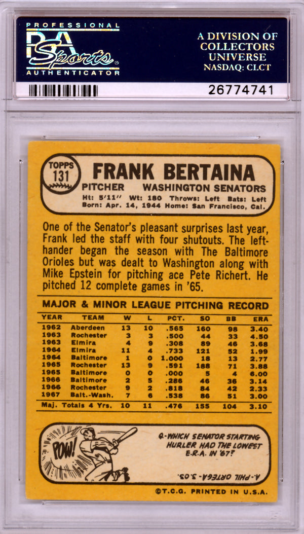 Frank Bertaina Autographed 1968 Topps Card #131 Washington Senators PSA/DNA #26774741