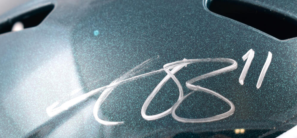 AJ Brown Autographed Eagles F/S Speed Helmet-Beckett W Hologram *Damaged