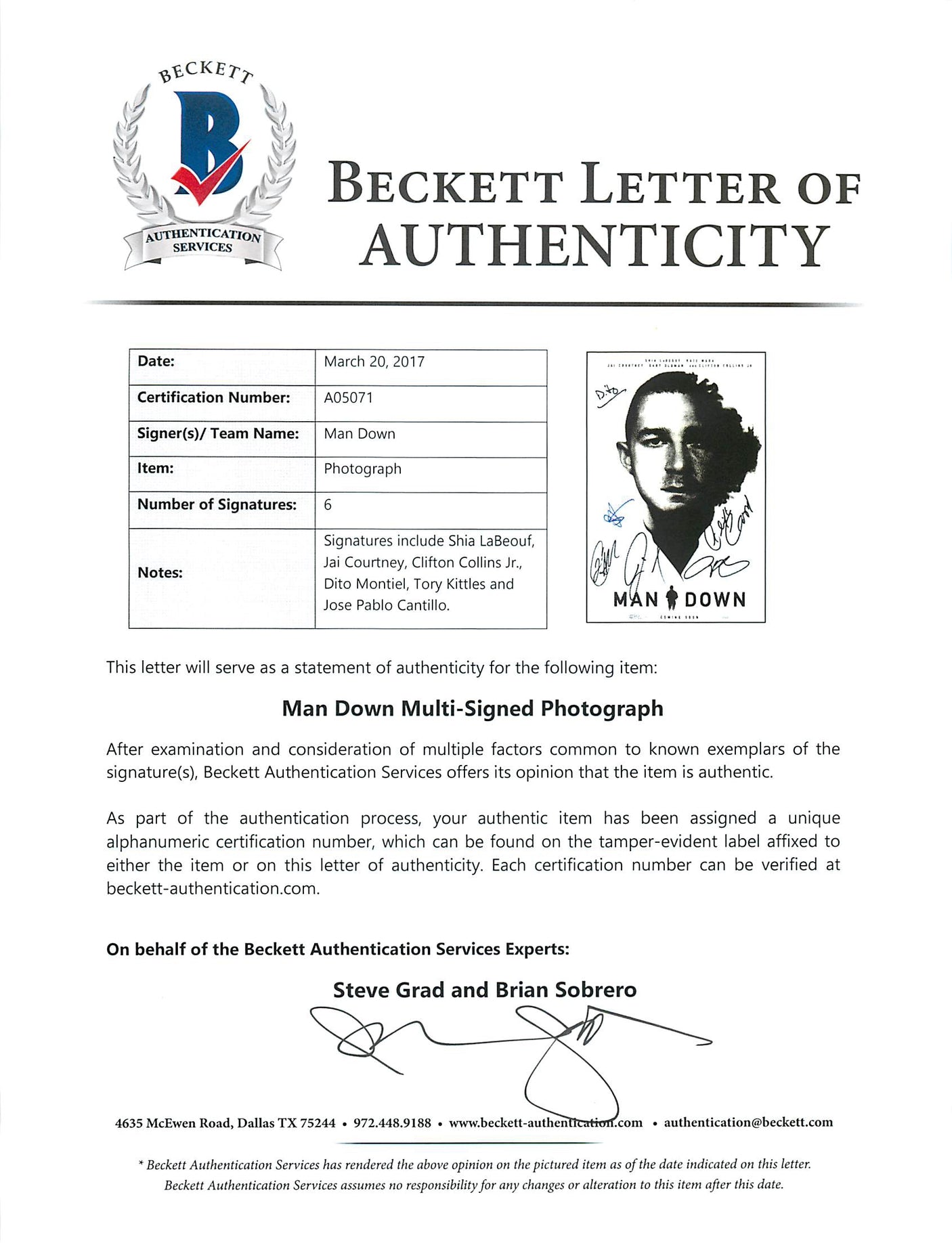 Man Down Cast (6) Labeouf, Courtney, Collins Signed 11x17 Photo BAS #A05071