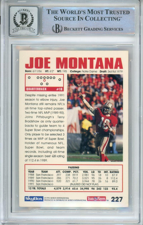 1992 Skybox Impact #227 Joe Montana San Francisco 49ers BGS Autograph 10