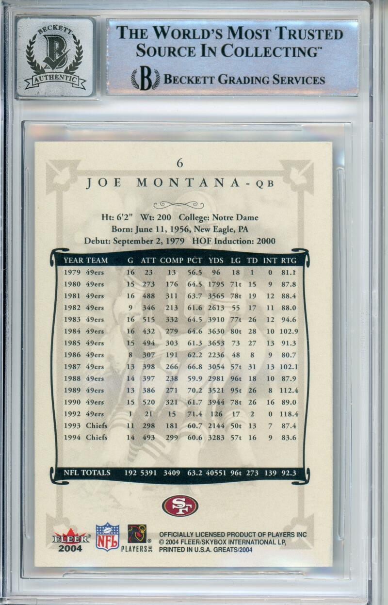 2004 Fleer Greats of the Game #6 Joe Montana Auto San Francisco 49ers BGS Auto