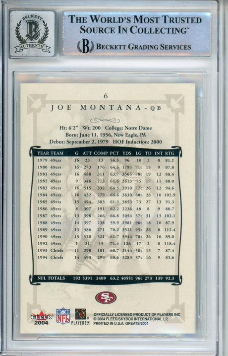 2004 Fleer Greats of the Game #6 Joe Montana Auto San Francisco 49ers BGS Auto