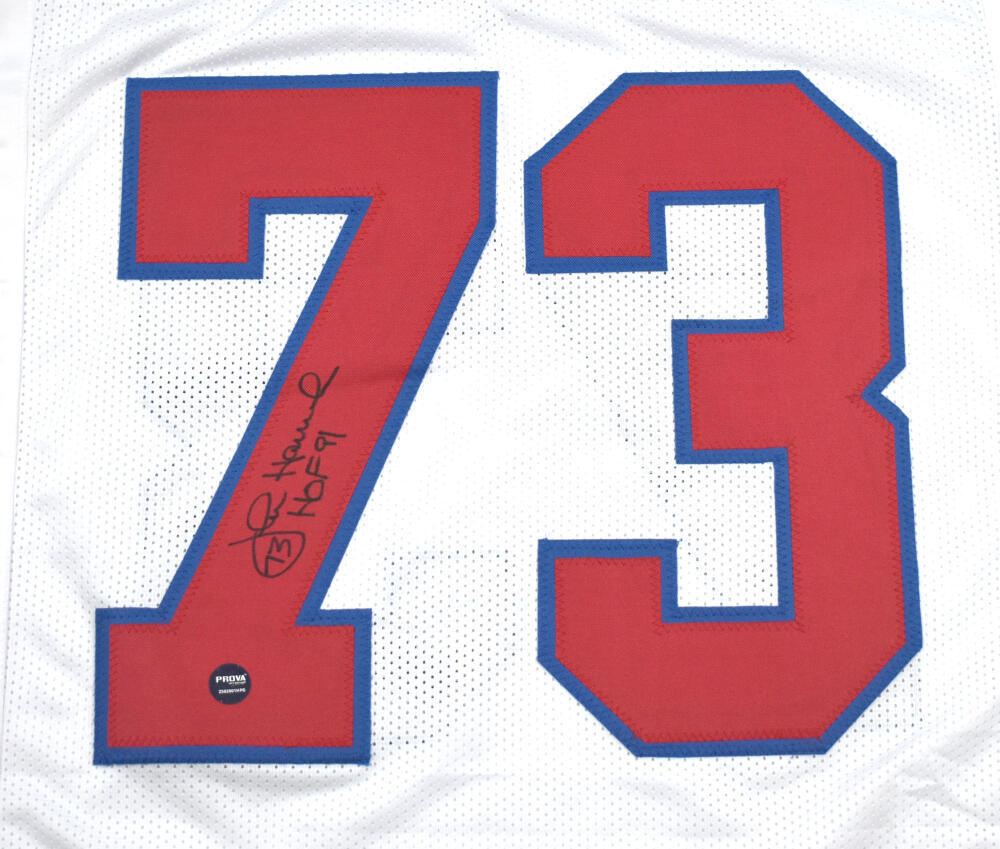 John Hannah Autographed White Pro Style Jersey w/HOF - Prova *Black