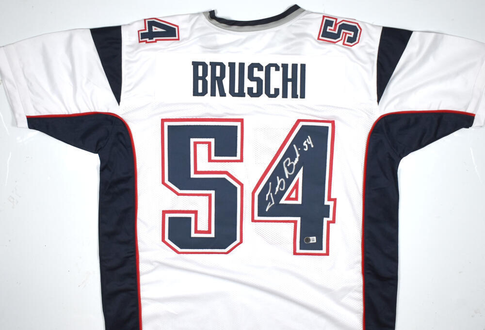 Tedy Bruschi Autographed White Pro Style Jersey-Beckett W Hologram *Silver *Up
