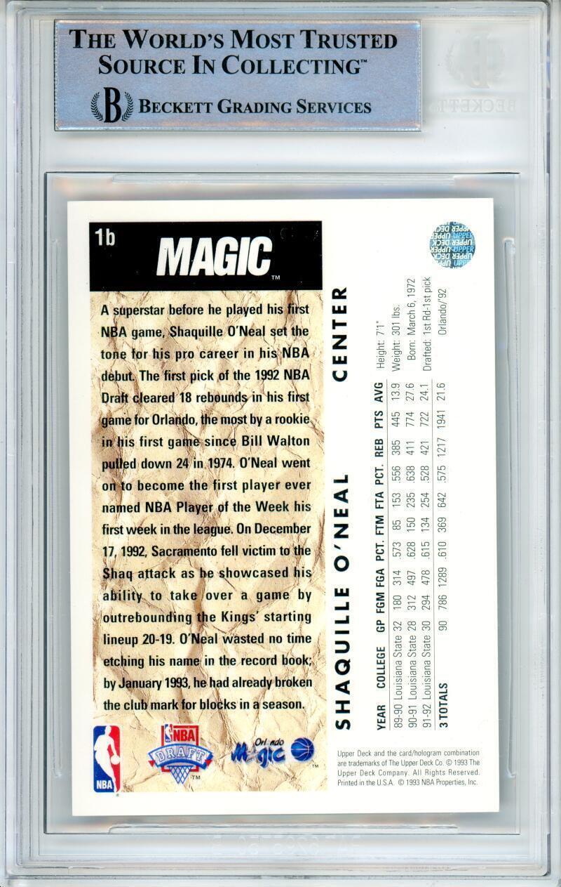 1992-93 Upper Deck #1B Shaquille O'neal Trade RC Orlando Magic BGS Autograph 10