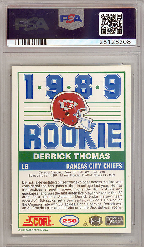 Derrick Thomas Autographed 1989 Score Rookie Card #258 Kansas City Chiefs PSA/DNA #28126208