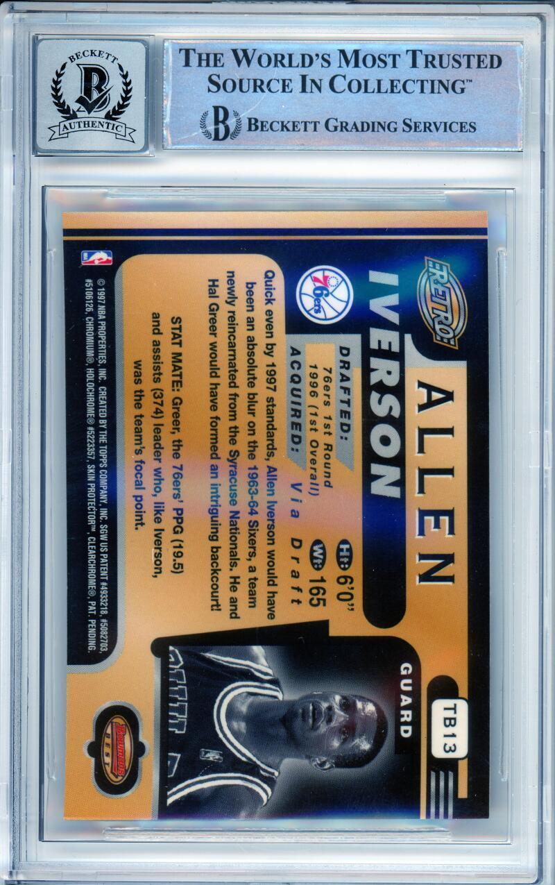 1996-97 Bowman's Best Retro #TB13 Allen Iverson RC 76ers BGS Autograph 10