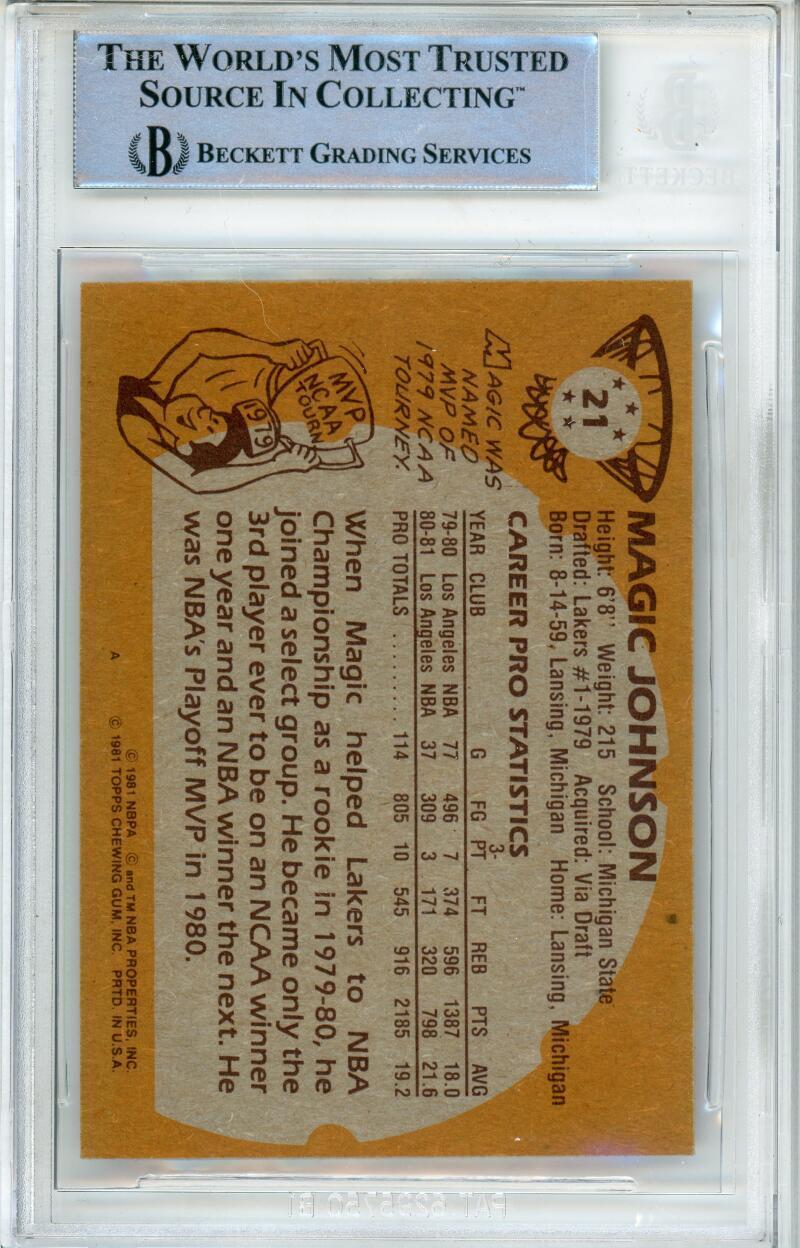 1981-82 Topps #21 Magic Johnson RC Los Angeles Lakers BGS Autograph 10