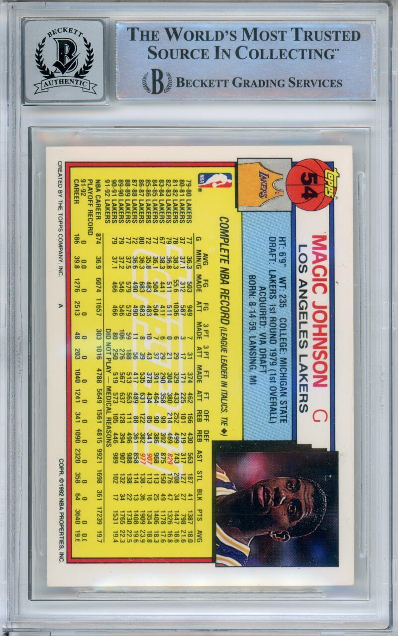 1992-93 Topps Gold #54 Magic Johnson Los Angeles Lakers BGS Autograph 10