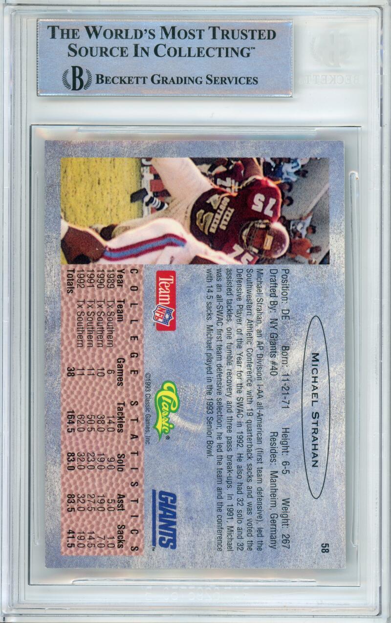 1993 Classic #58 Michael Strahan RC New York Giants BGS Autograph 10