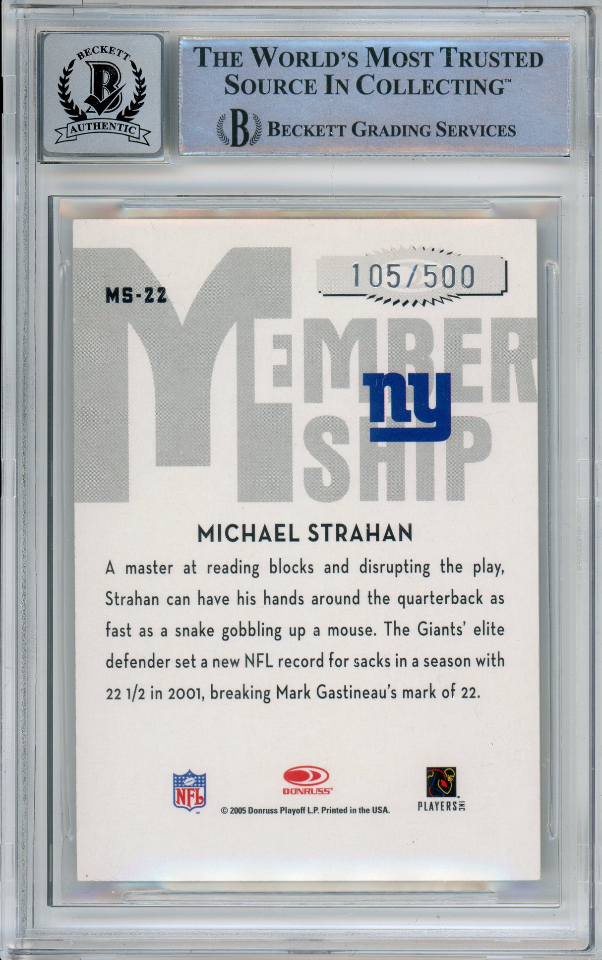 2005 Donruss Classics Membership Silver /500 #MS22 Michael Strahan Giants BGS Auto 10