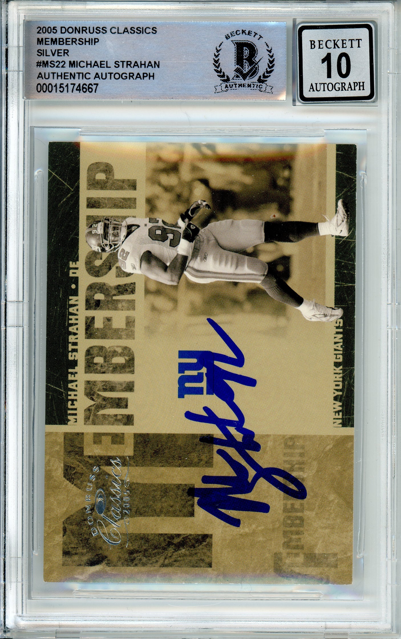 2005 Donruss Classics Membership Silver /500 #MS22 Michael Strahan Giants BGS Auto 10