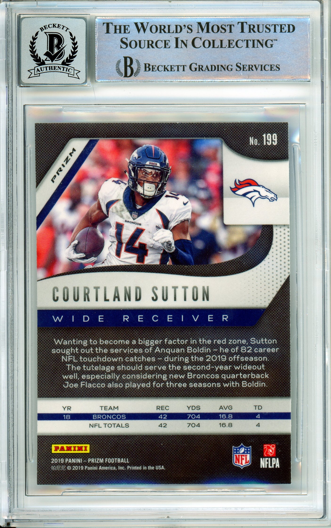 2019 Panini Prizm Red, White, Blue #199 Courtland Sutton Broncos BGS Autograph 10