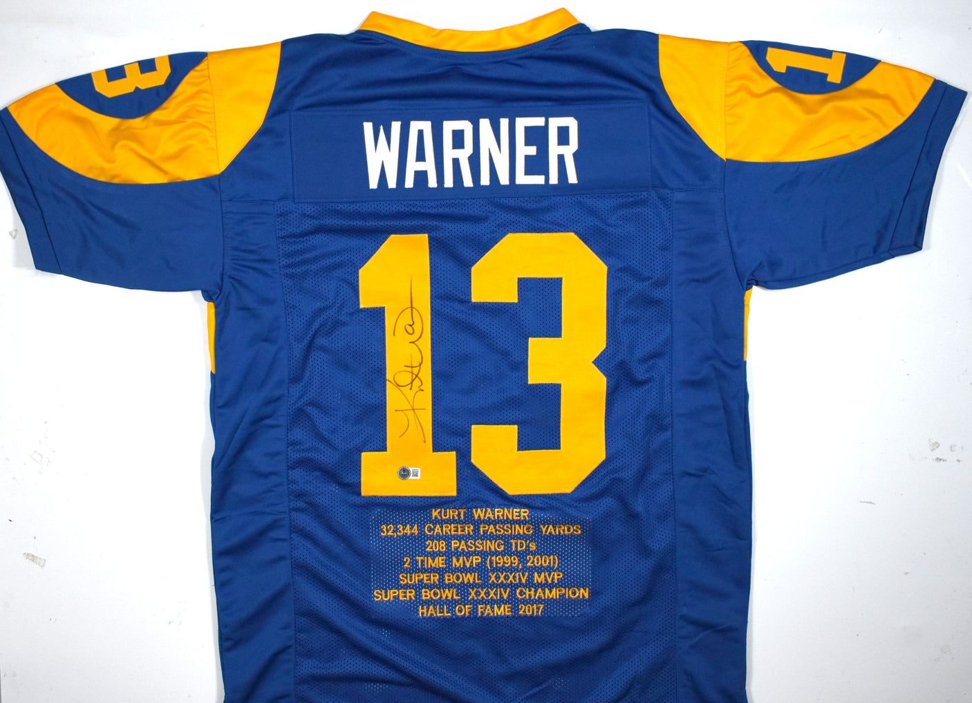 Kurt Warner Autographed Blue Yellow Pro Style STAT Jersey-Beckett W Hologram