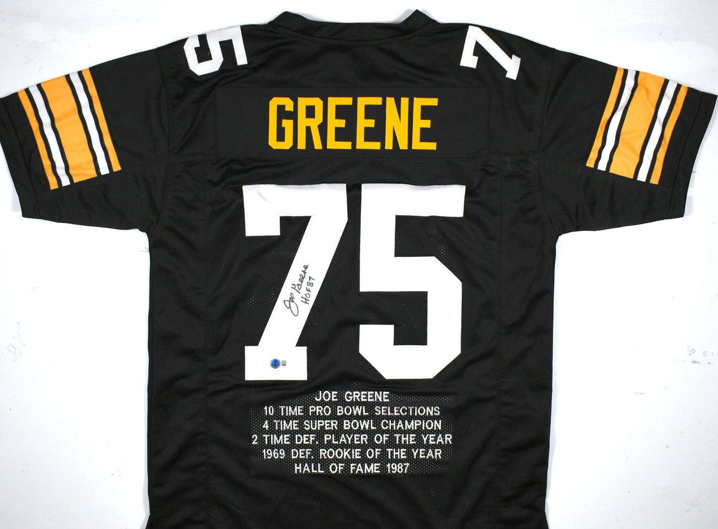 Joe Greene Autographed Black Pro Style STAT Jersey w/ HOF-Beckett W Hologram