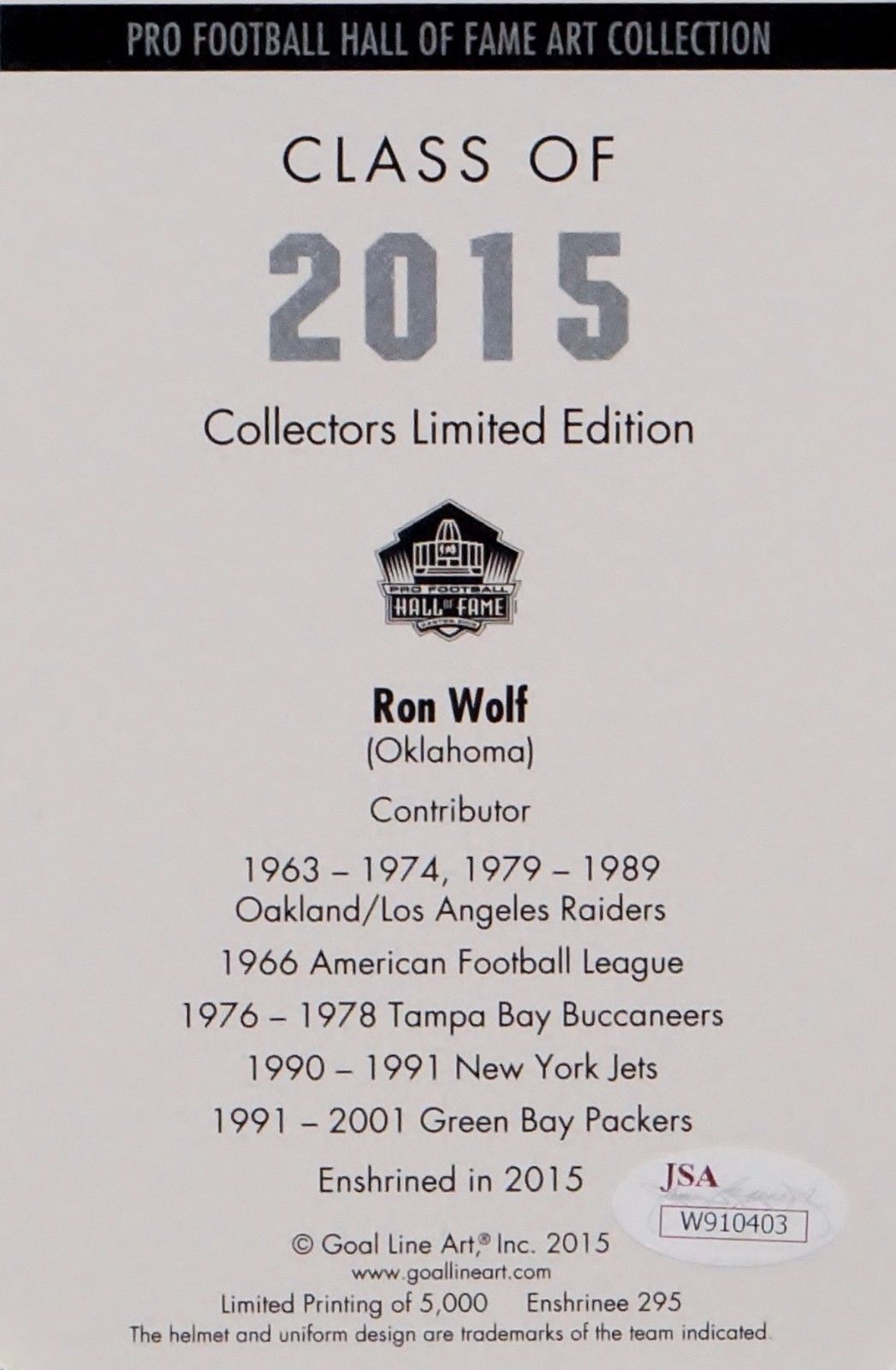 Ron Wolf HOF Signed Green Bay Packers Goal Line Art Card-JSA Auth