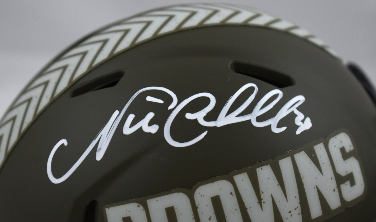 Nick Chubb Signed Browns Salute to Service Speed Mini Helmet - Beckett W Holo