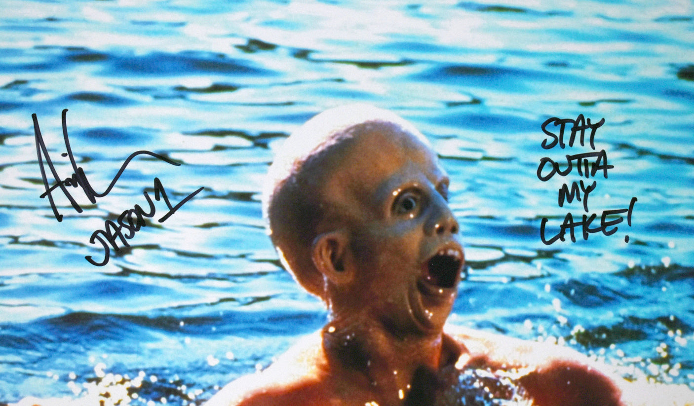 Ari Lehman Autographed 16x20 Drown Photo Stay out of my Lake - Beckett W Holo