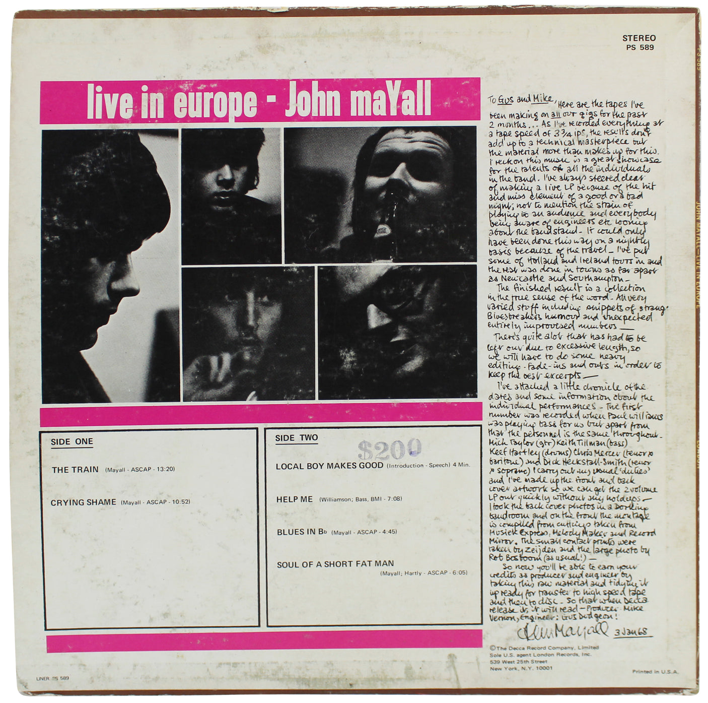 John Mayall Authentic Signed Live In Europe Album Cover W/ Vinyl PSA/DNA #S80783