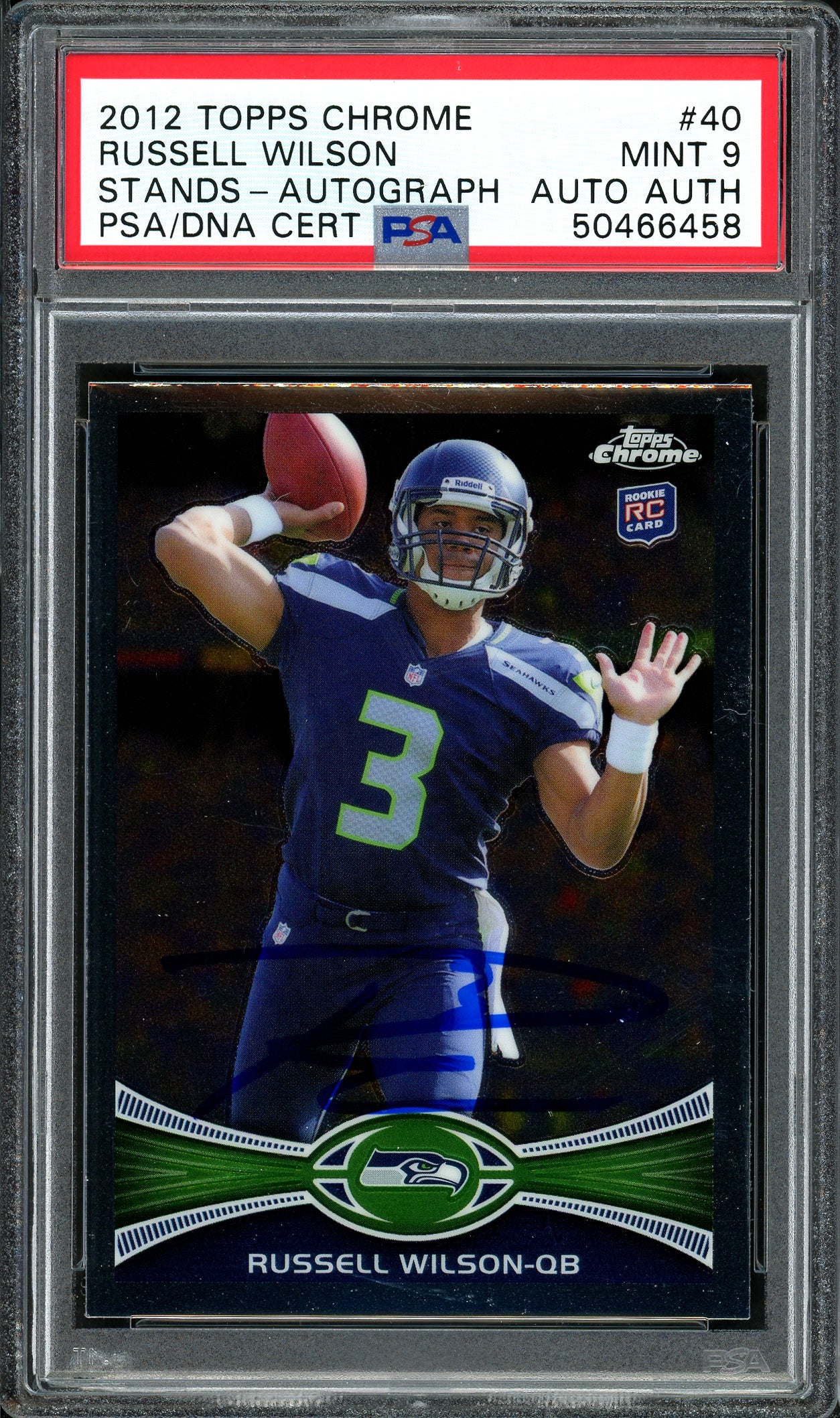 Russell Wilson Autographed 2012 Topps Chrome Rookie Card #40 Seattle Seahawks Card Grade Mint 9 (Smear) PSA/DNA #50466458
