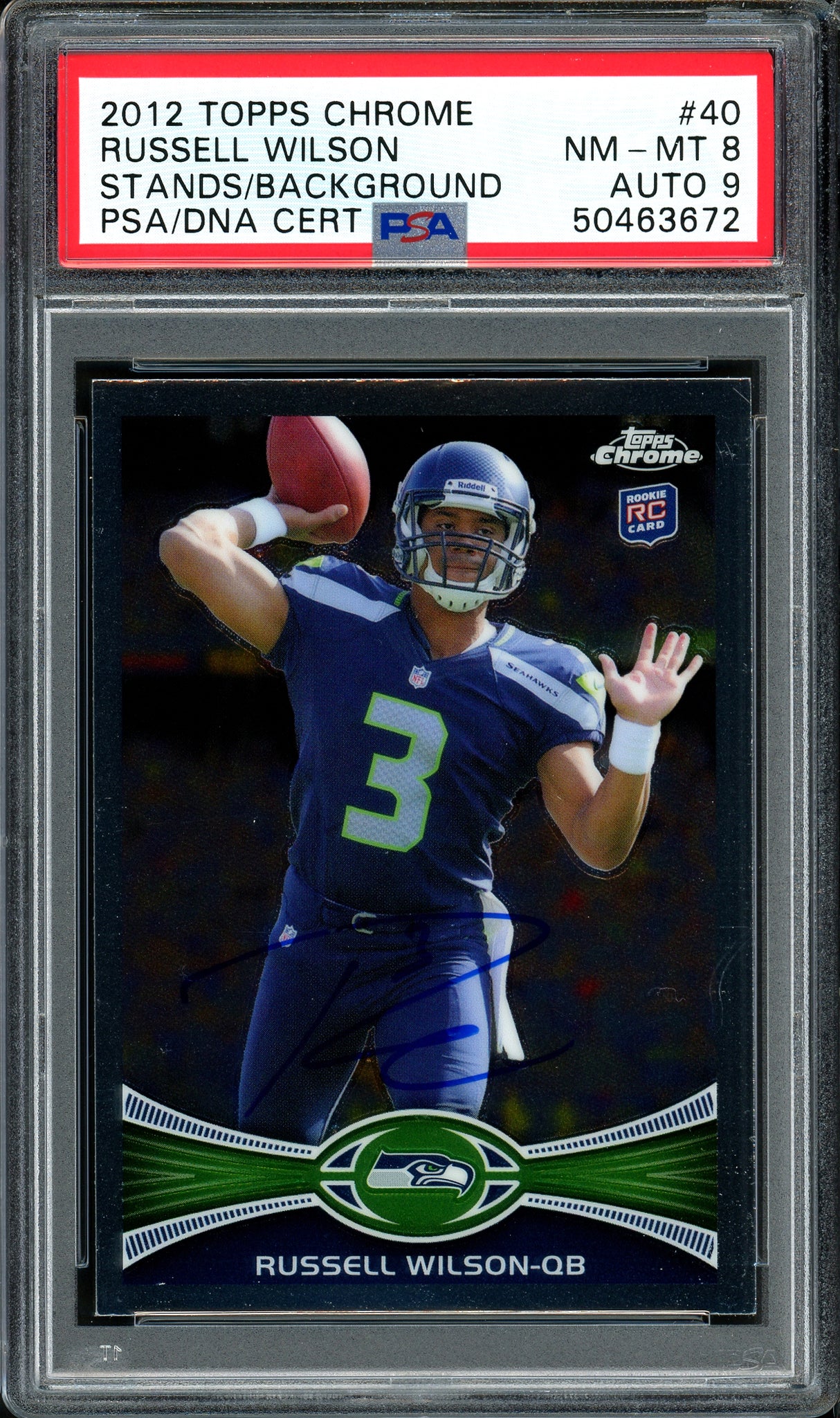 Russell Wilson Autographed 2012 Topps Chrome Rookie Card #40 Seattle Seahawks Auto Grade 9 Card Grade NM-MT 8 PSA/DNA #50463672