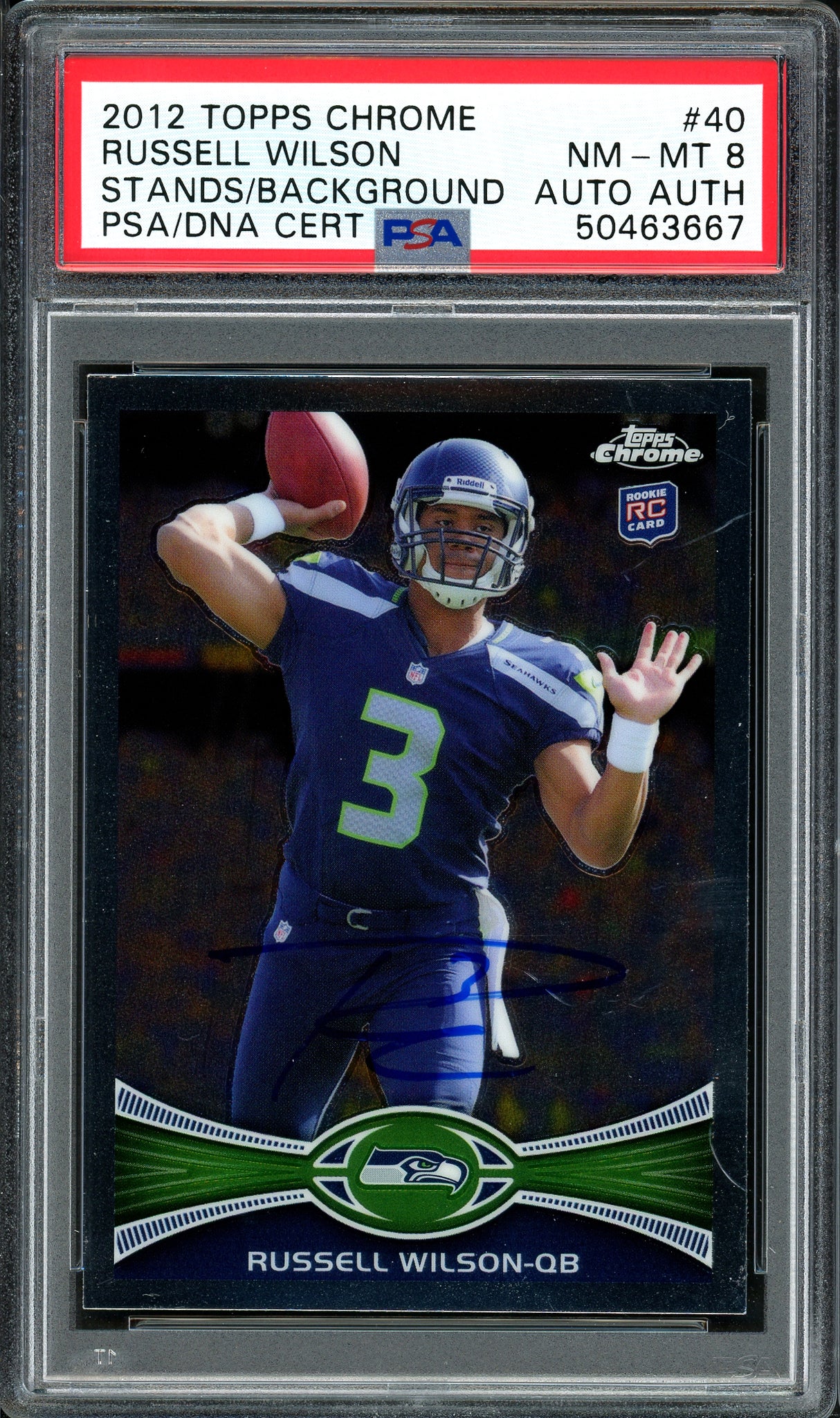 Russell Wilson Autographed 2012 Topps Chrome Rookie Card #40 Seattle Seahawks Card Grade NM-MT 8 PSA/DNA #50463667