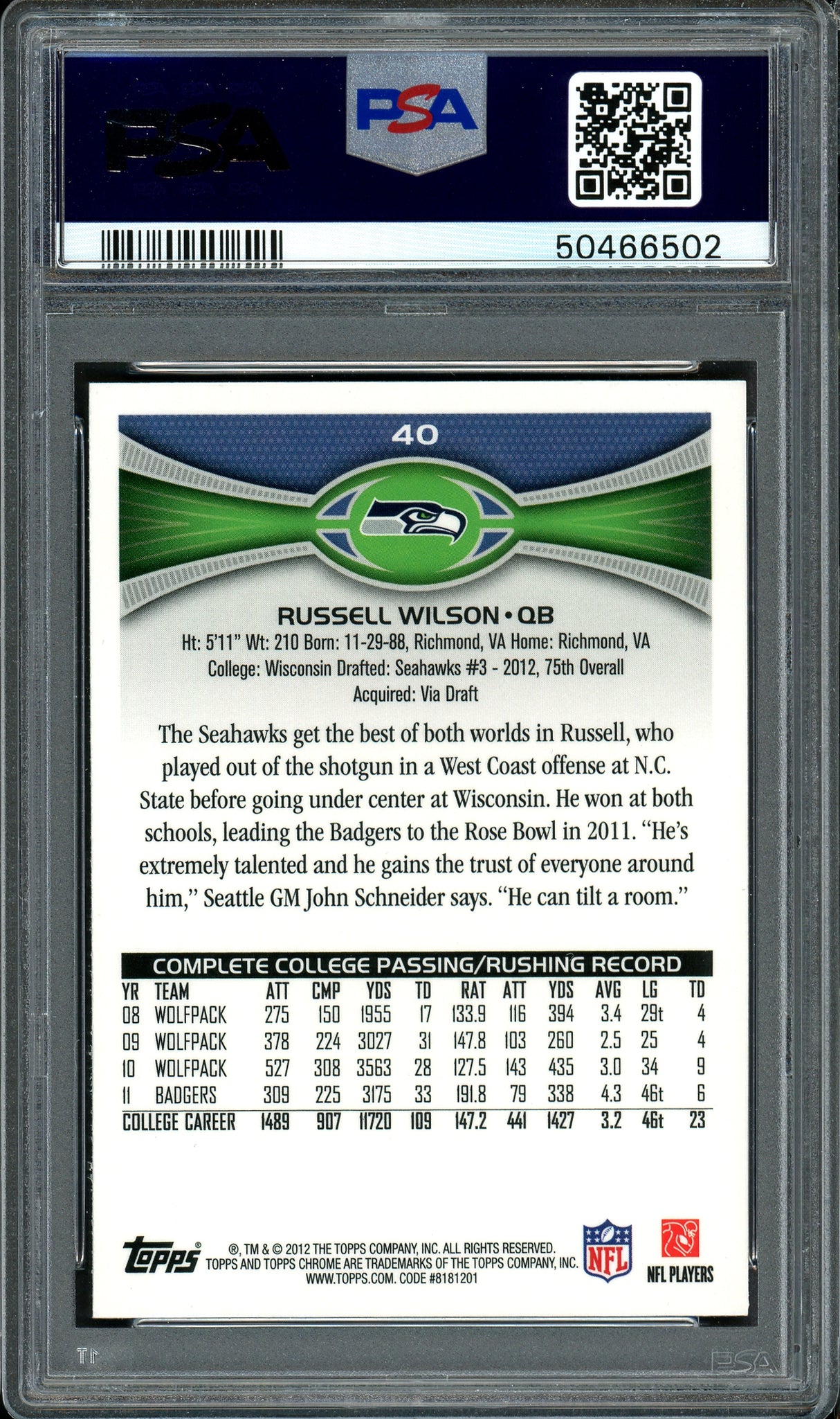 Russell Wilson Autographed 2012 Topps Chrome Rookie Card #40 Seattle Seahawks Auto Grade 9 PSA/DNA #50466502