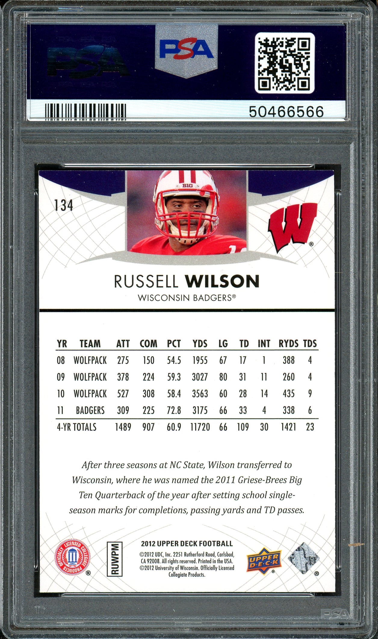 Russell Wilson Autographed 2012 Upper Deck Rookie Card #134 Seattle Seahawks Auto Grade 10 Card Grade Mint 9 PSA/DNA #50466566