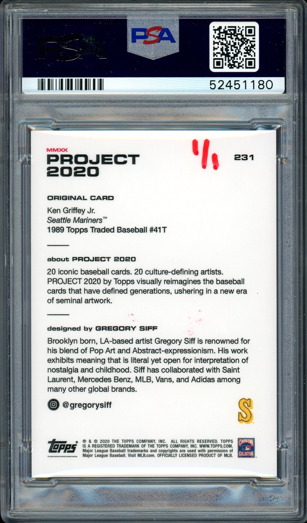 Ken Griffey Jr. Autographed Topps Project 2020 Gregory Siff Card #231 Seattle Mariners "1989" #1/1 PSA/DNA #52451180