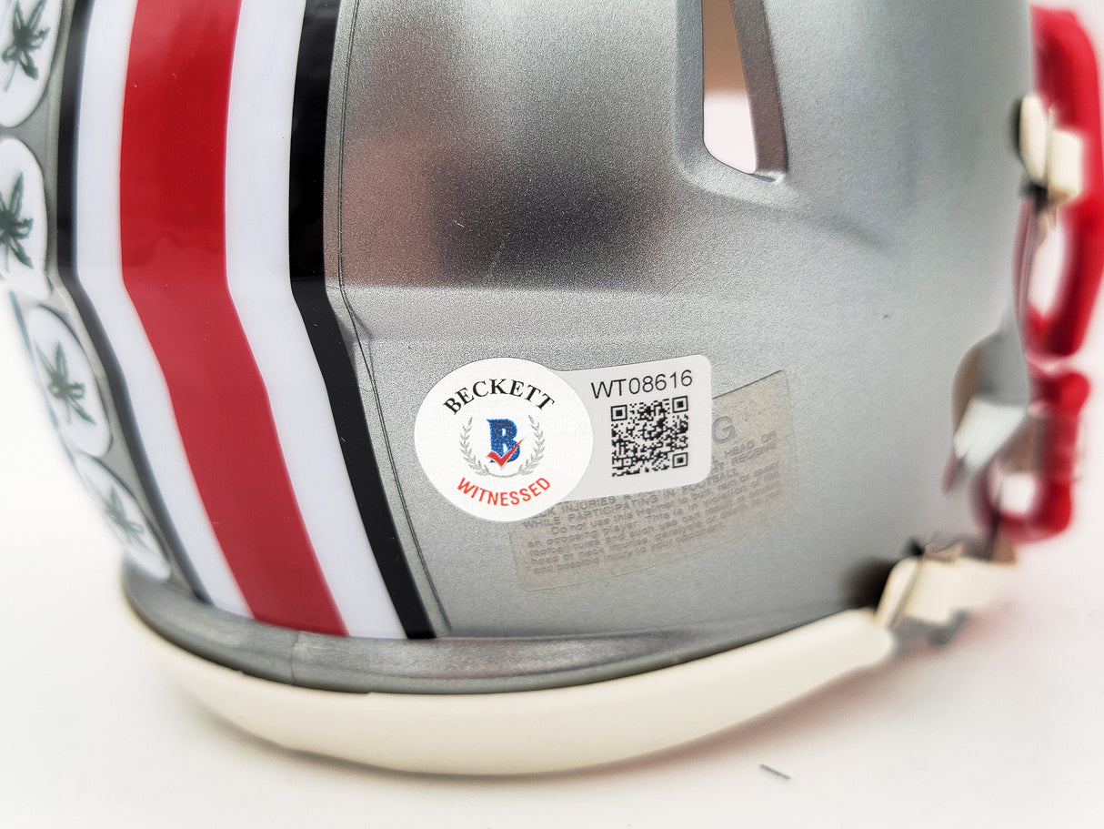 TreVeyon Henderson Autographed Ohio State Buckeyes Flash Silver Speed Mini Helmet Beckett BAS QR Stock #202074
