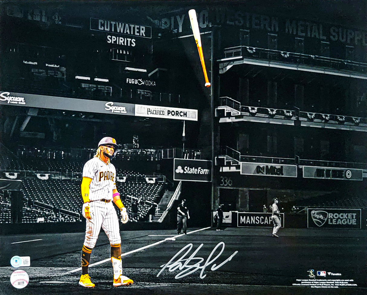 Fernando Tatis Jr. Autographed 16x20 Photo San Diego Padres Bat Flip Spotlight In Silver Beckett BAS QR Stock #202102