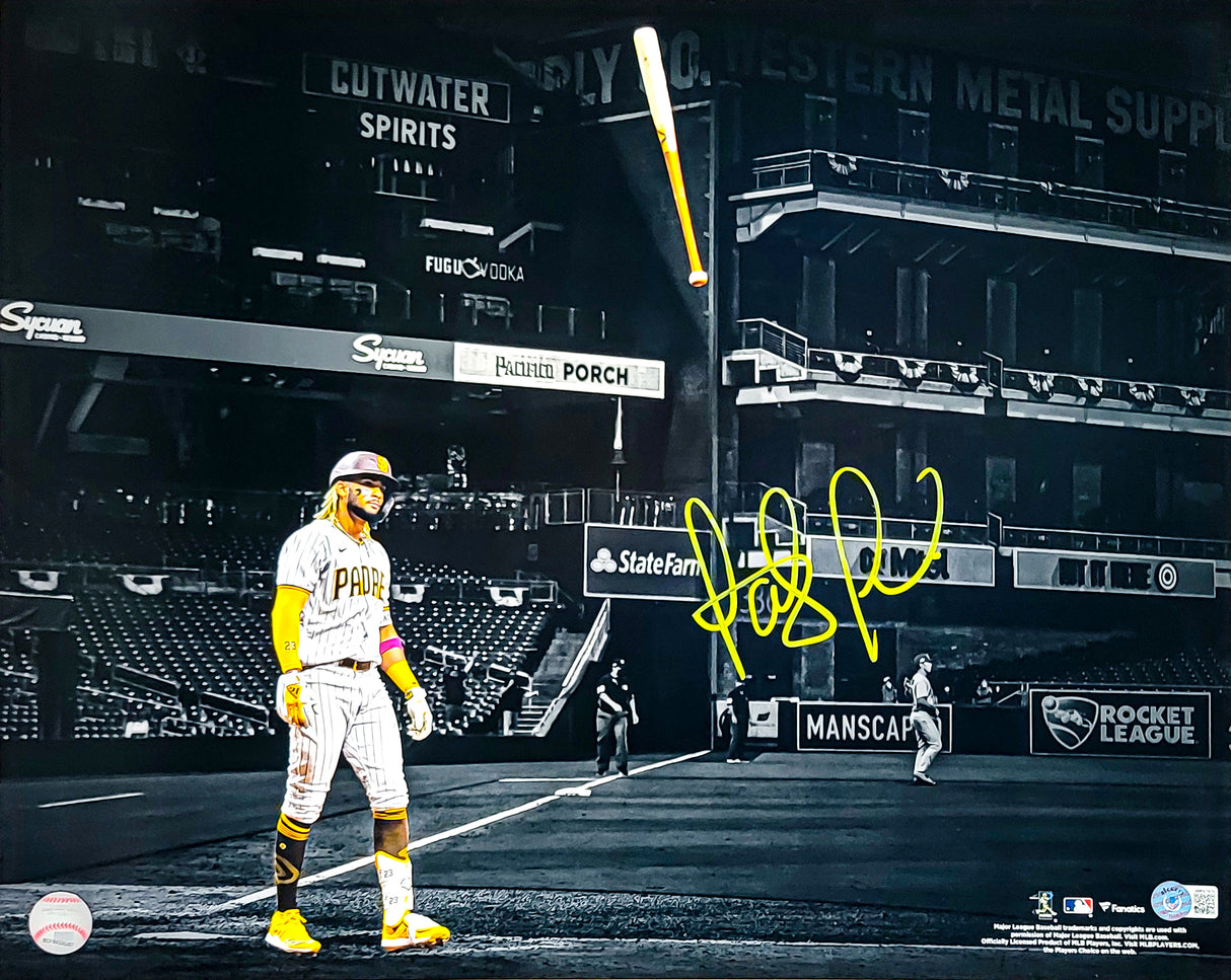 Fernando Tatis Jr. Autographed 16x20 Photo San Diego Padres Bat Flip Spotlight In Yellow Beckett BAS QR Stock #202103