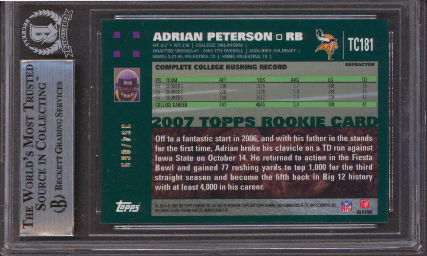 Adrian Peterson Signed 2007 Topps Chrome White Refractors #TC81 RC Card BAS Slab