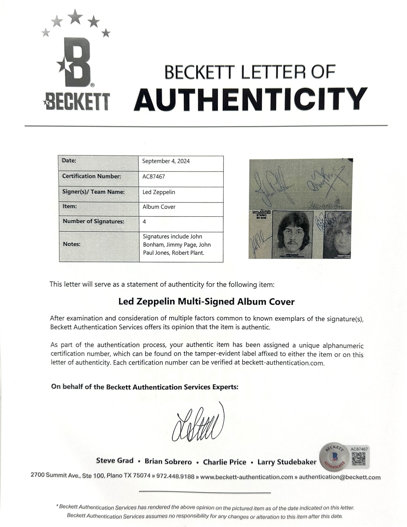 (4) Page, Plant, Bonham & Jones Signed Led Zepplin I Album Cover w Vinyl BAS JSA