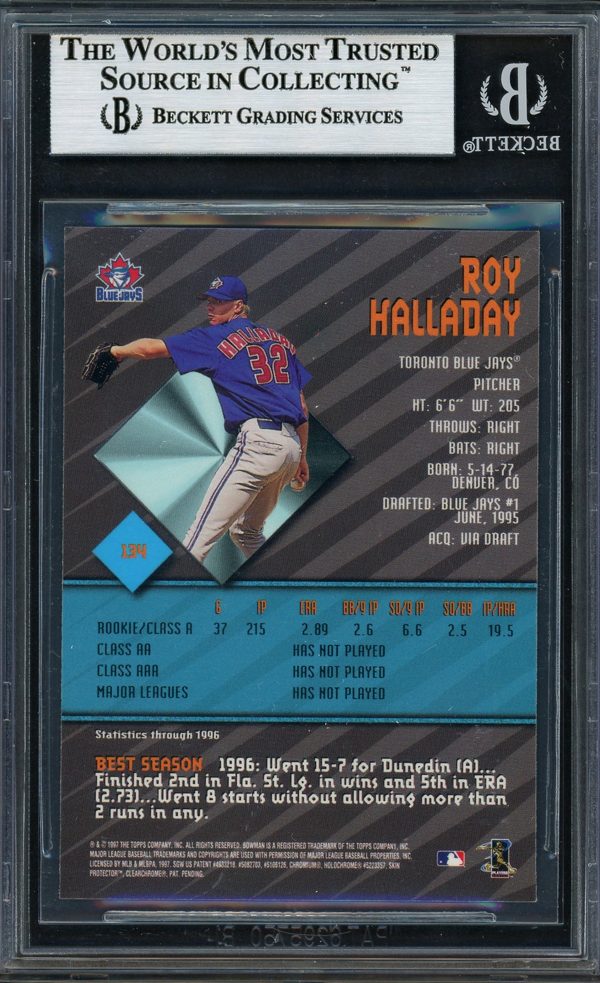 Roy Halladay Autographed 1997 Bowman's Best Rookie Card #134 Toronto Blue Jays Beckett BAS #13187512