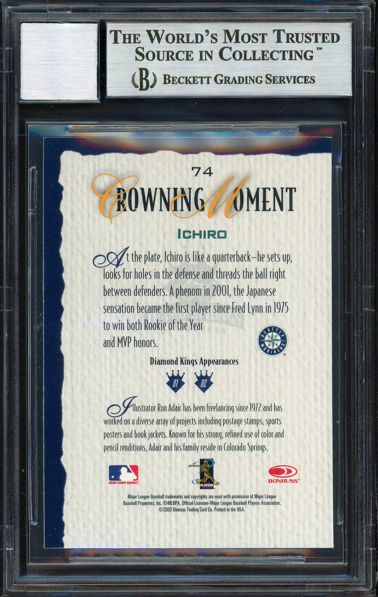 Ichiro Suzuki Autographed 2002 Donruss Diamond Kings Card #74 Seattle Mariners Auto Grade 10 Beckett BAS Stock #189817