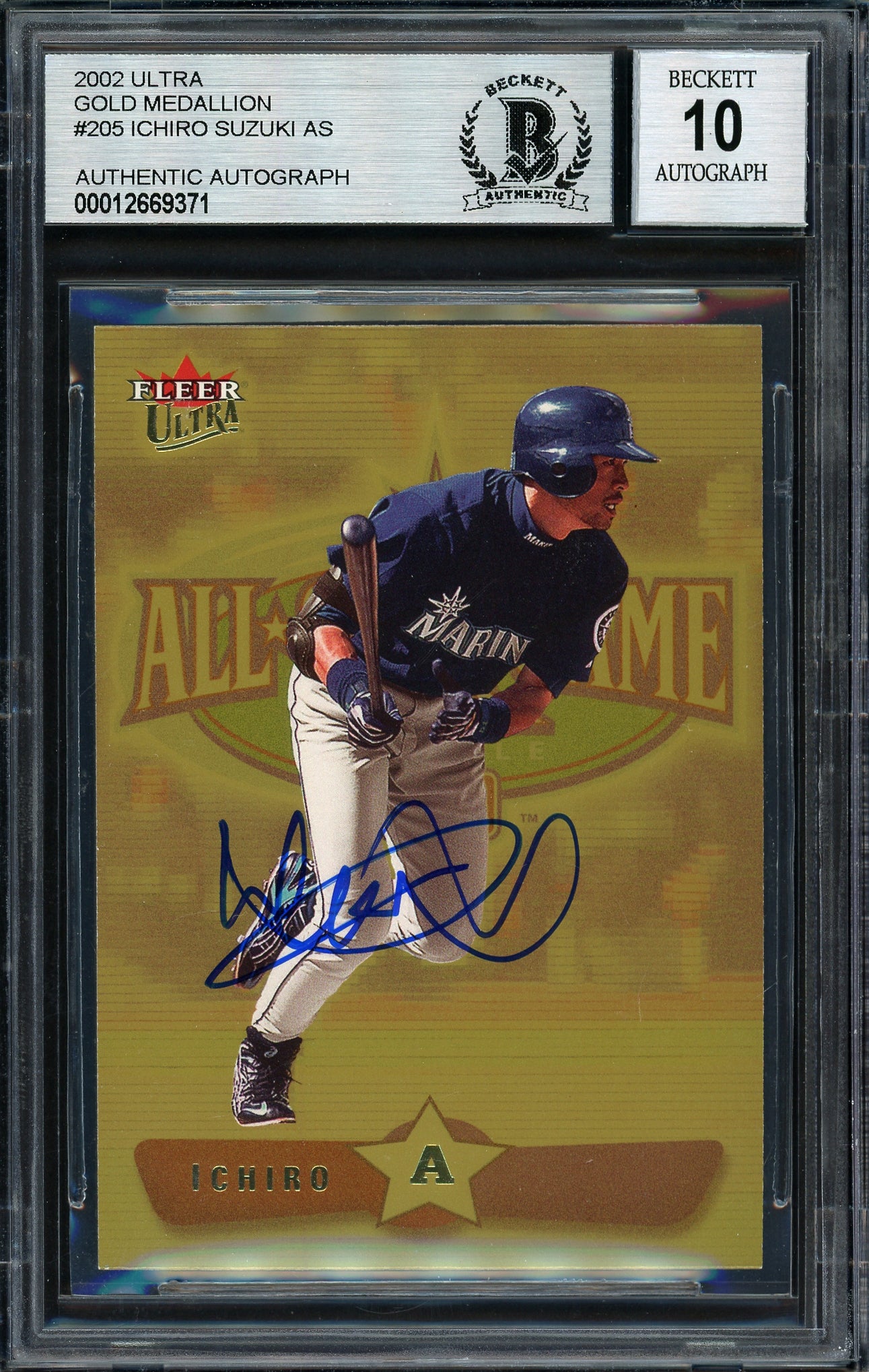 Ichiro Suzuki Autographed 2002 Fleer Ultra Gold Medallion Card #205 Seattle Mariners Auto Grade 10 Beckett BAS #12669371