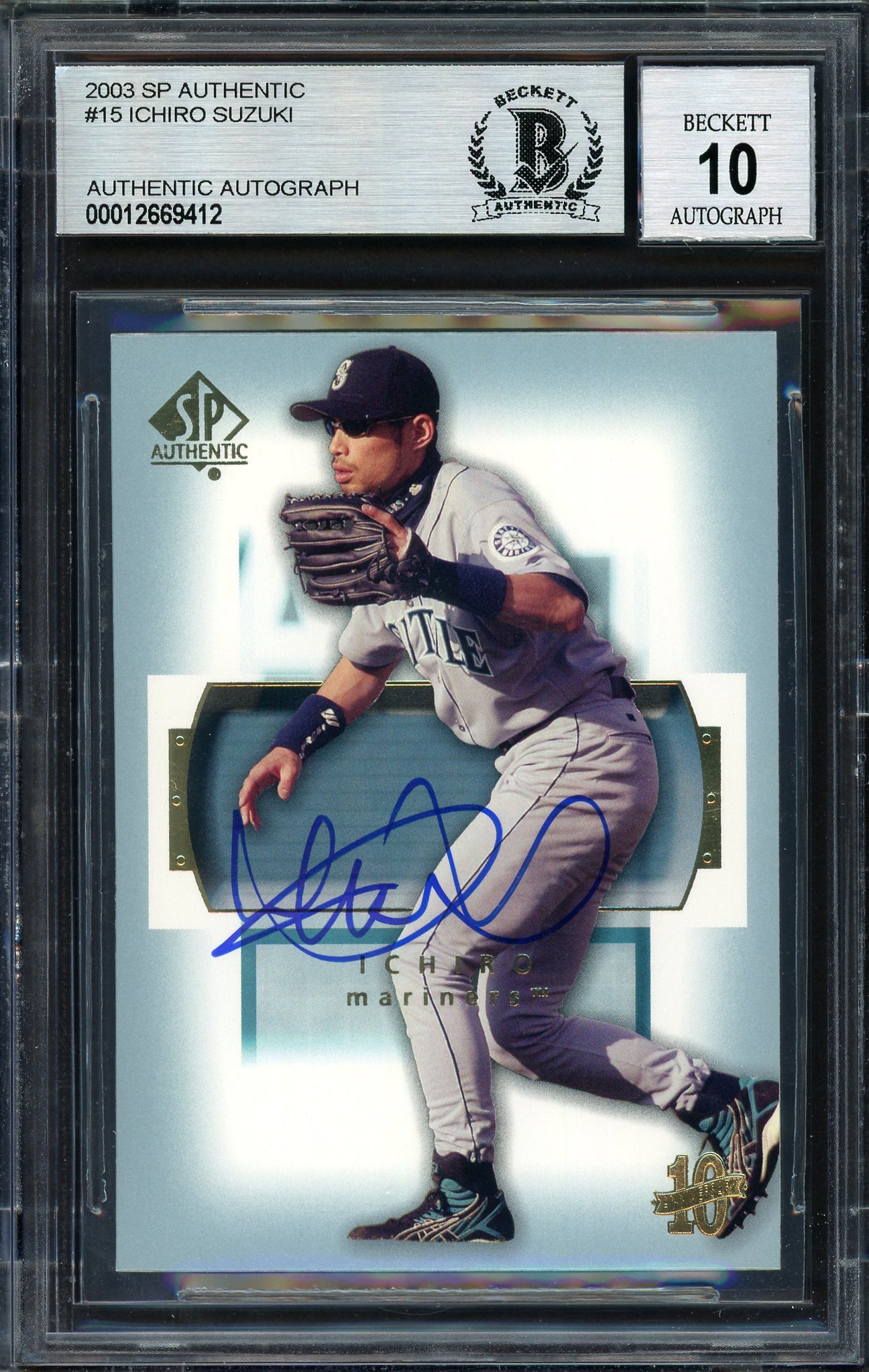 Ichiro Suzuki Autographed 2003 SP Authentic Card #15 Seattle Mariners Auto Grade 10 Beckett BAS #12669412