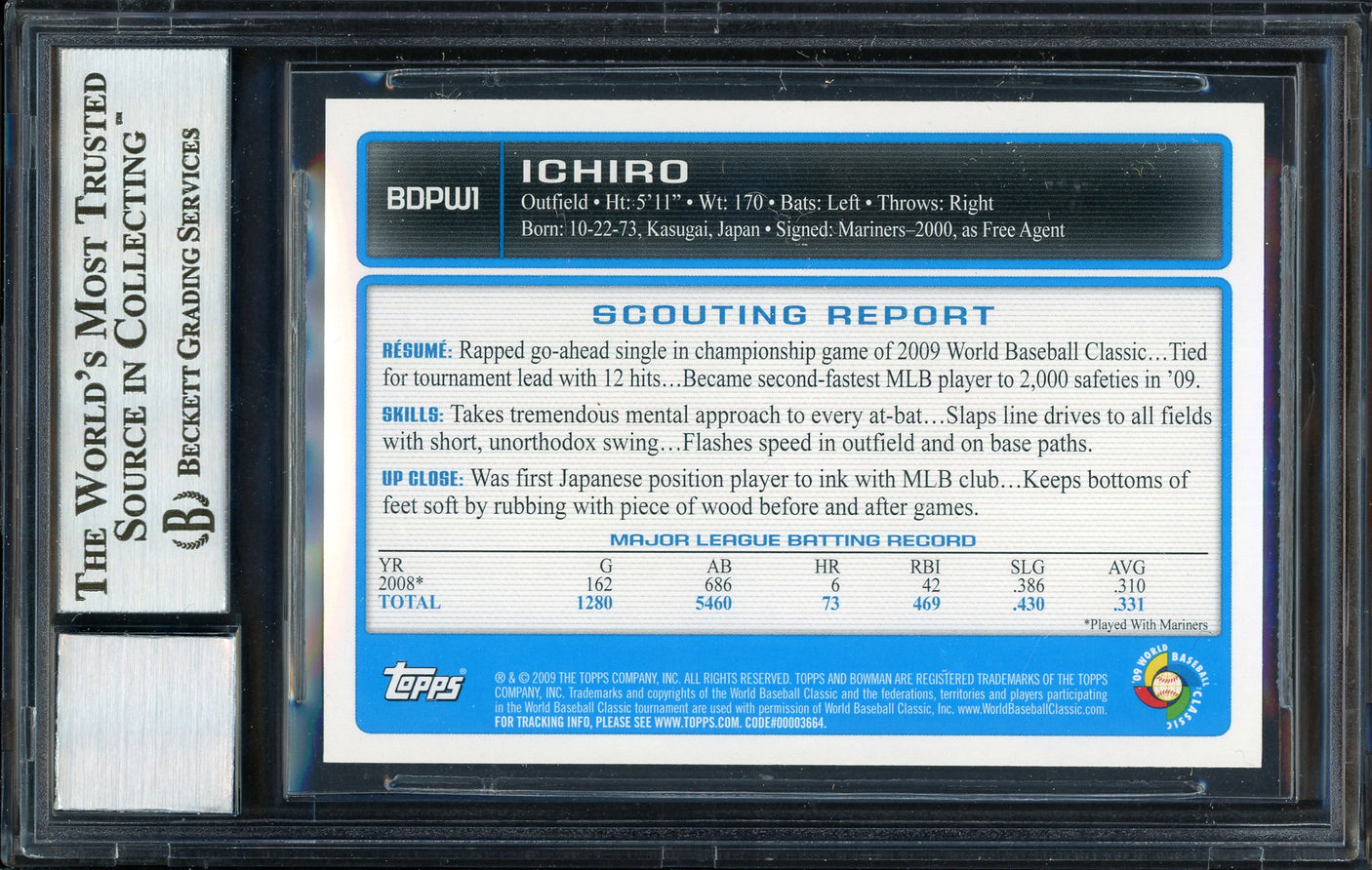 Ichiro Suzuki Autographed 2009 Bowman Draft Card #BDPW1 Japan Auto Grade 10 Beckett BAS Stock #189864