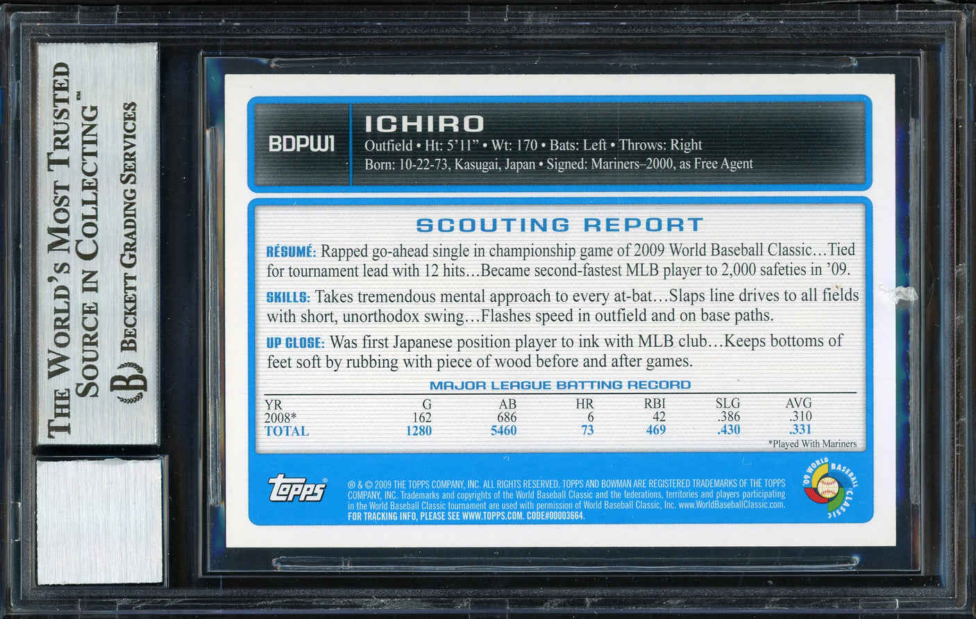 Ichiro Suzuki Autographed 2009 Bowman Draft Gold Card #BDPW1 Japan Auto Grade 10 Beckett BAS #12669612
