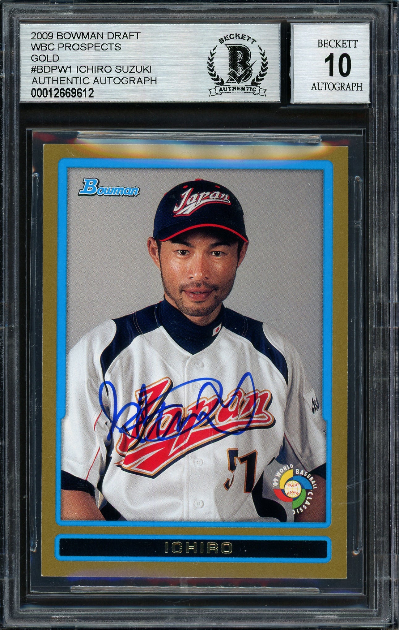 Ichiro Suzuki Autographed 2009 Bowman Draft Gold Card #BDPW1 Japan Auto Grade 10 Beckett BAS #12669612