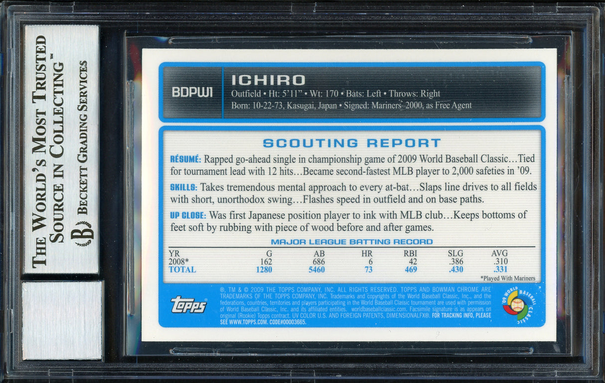 Ichiro Suzuki Autographed 2009 Bowman Chrome Draft Card #BDPW1 Japan Auto Grade 10 Beckett BAS Stock #189867