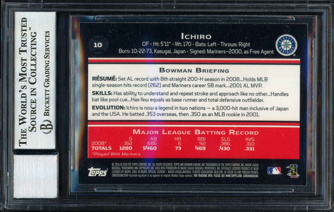 Ichiro Suzuki Autographed 2009 Bowman Chrome Card #10 Seattle Mariners Auto Grade 10 Beckett BAS #12669690