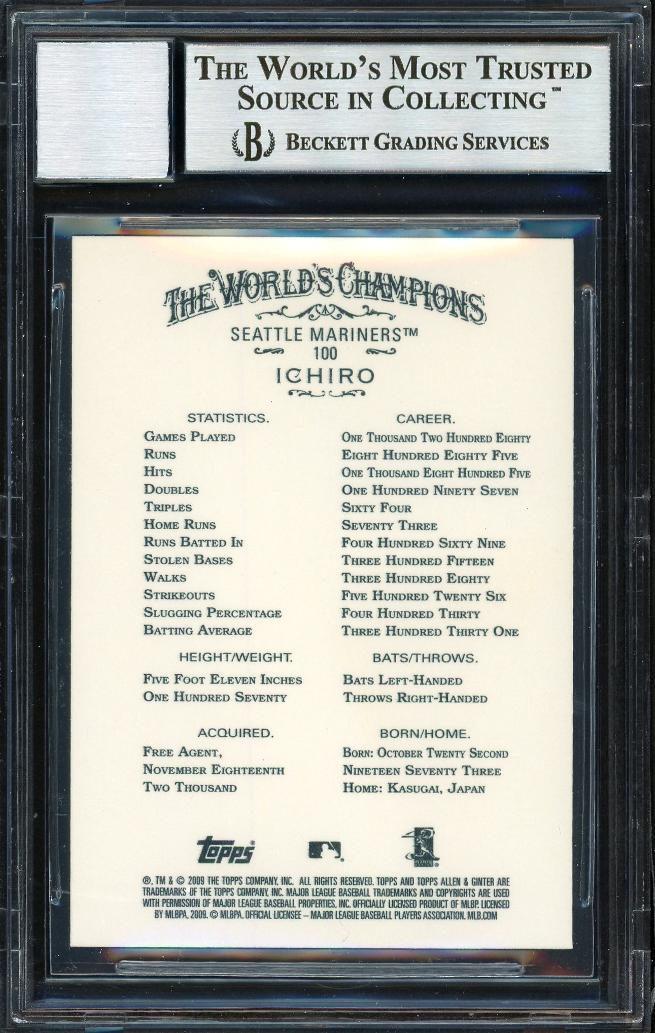 Ichiro Suzuki Autographed 2009 Topps Allen & Ginter Card #100 Seattle Mariners Auto Grade 10 Beckett BAS Stock #189869