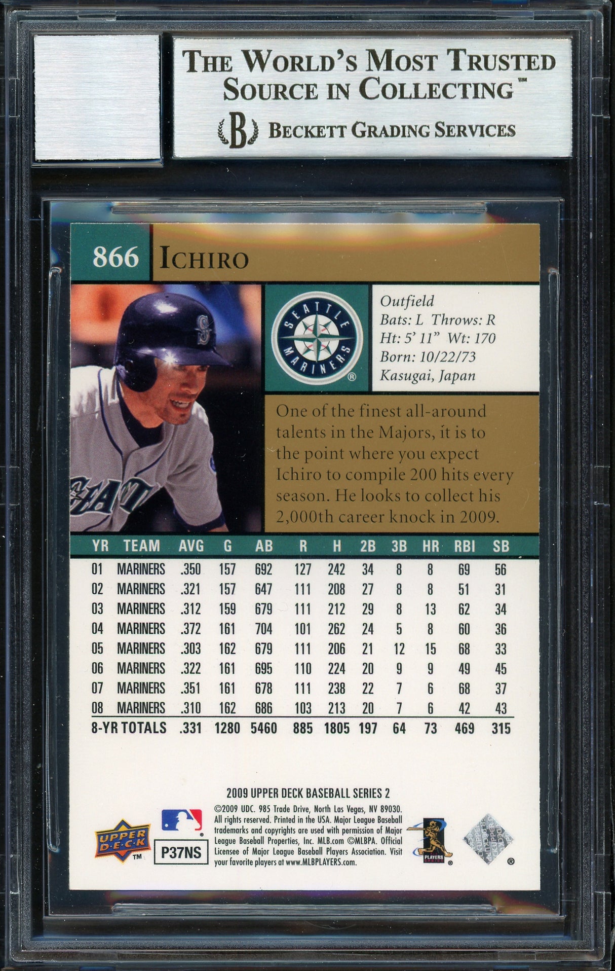Ichiro Suzuki Autographed 2009 Upper Deck Card #866 Seattle Mariners Auto Grade 10 Beckett BAS #12669716