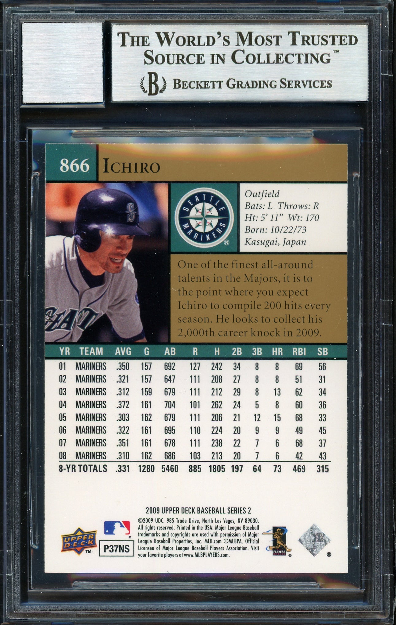 Ichiro Suzuki Autographed 2009 Upper Deck Card #866 Seattle Mariners Auto Grade 10 Beckett BAS #12669716