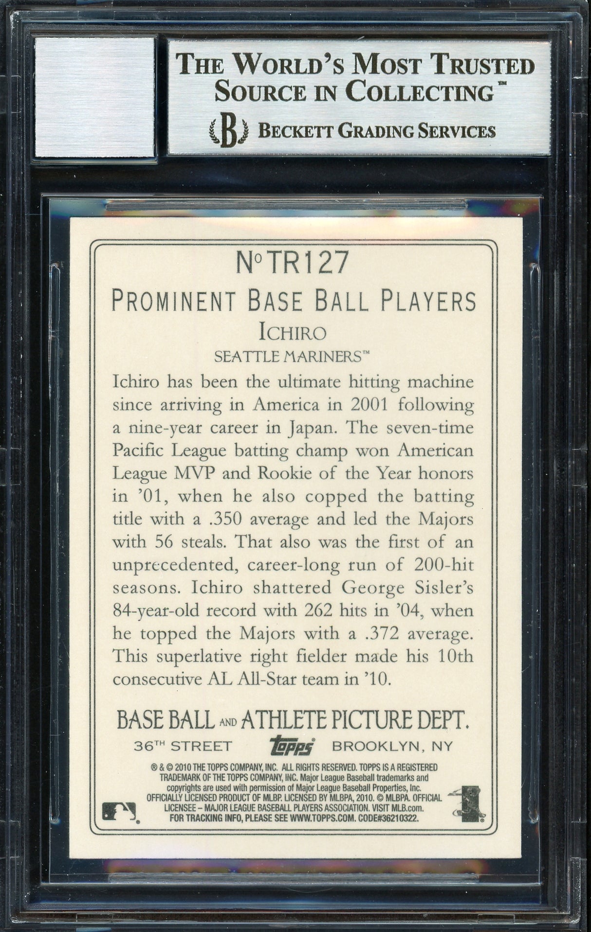 Ichiro Suzuki Autographed 2010 Topps Turkey Red Card #TR127 Seattle Mariners Auto Grade 10 Beckett BAS Stock #189883