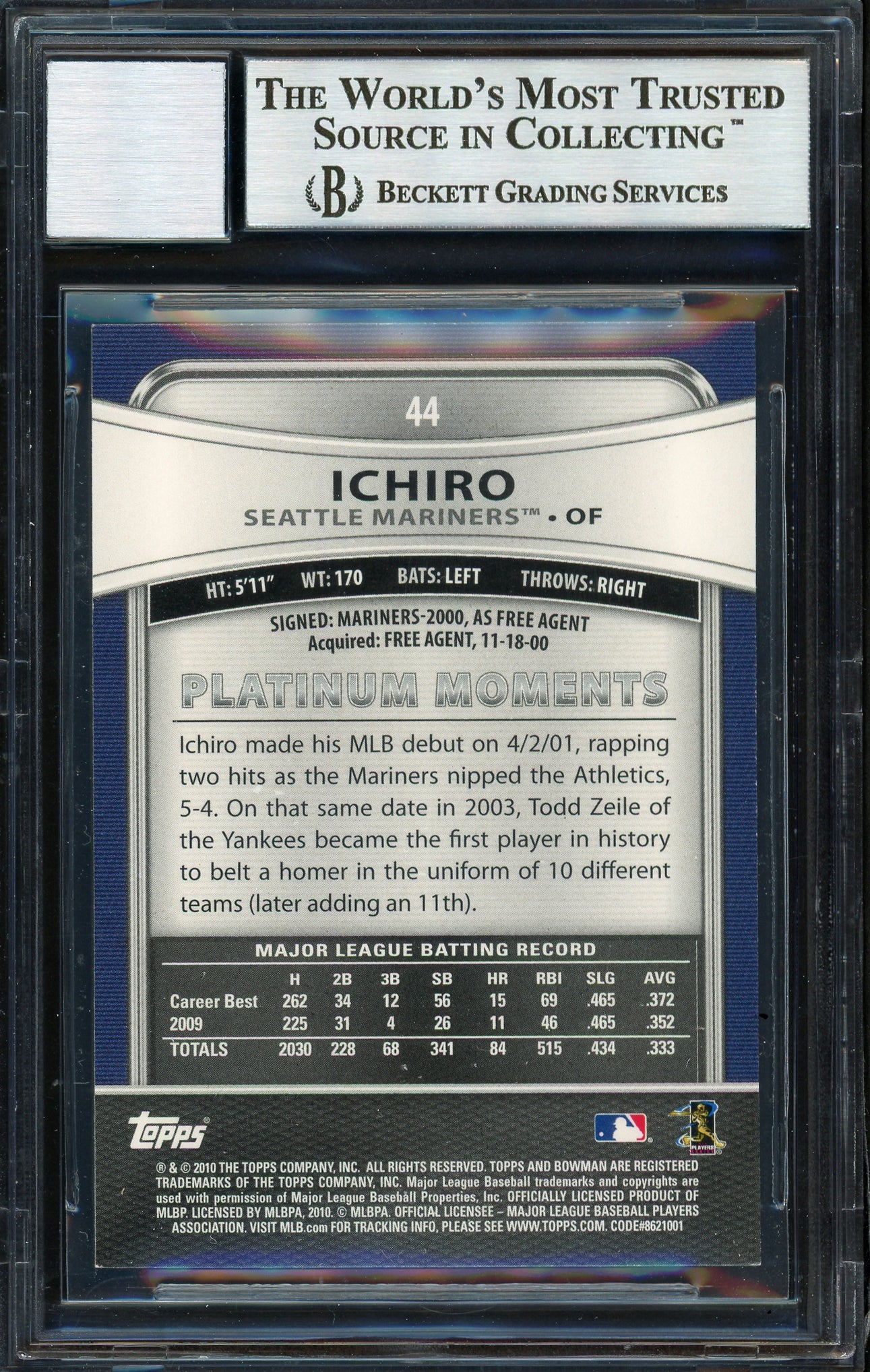 Ichiro Suzuki Autographed 2010 Bowman Platinum Card #44 Seattle Mariners Auto Grade 10 Beckett BAS #12669745